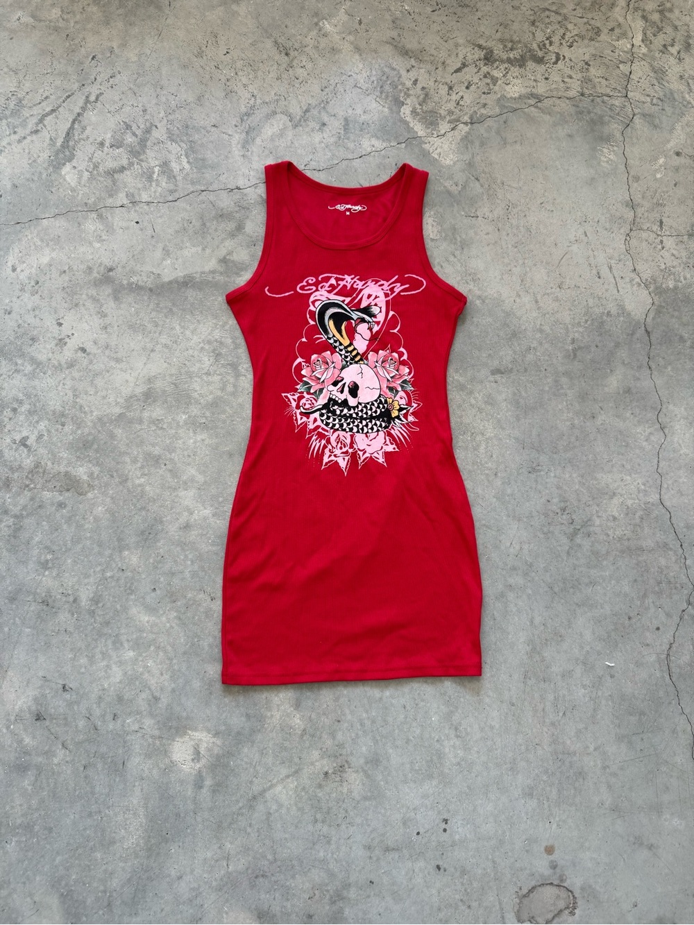 Ed Hardy Red Sleeveless Graphic Midi Dress